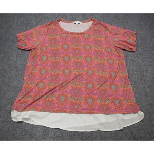 Rose + Olive Tunic Top Womens 2X Plus Size Geometric Boho Red Green Short Sleeve